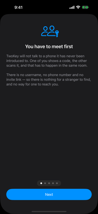 A TwoKey screen headed &ldquo;You have to meet first&rdquo;, explaining that there is no username, no phone number and no invite link