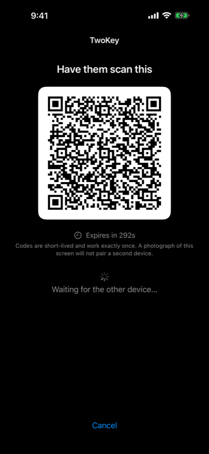 A pairing QR code headed &ldquo;Have them scan this&rdquo;, with a five-minute expiry counting down beneath it