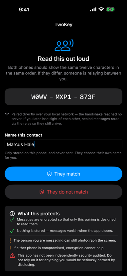 A verification screen headed &ldquo;Read this out loud&rdquo; showing the twelve characters W0WV-MXP1-873F and a note that the handshake reached no server
