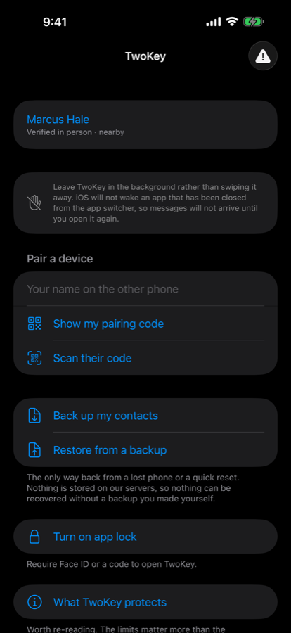 The TwoKey contact list showing one contact, Marcus Hale, labelled &ldquo;Verified in person &middot; nearby&rdquo;